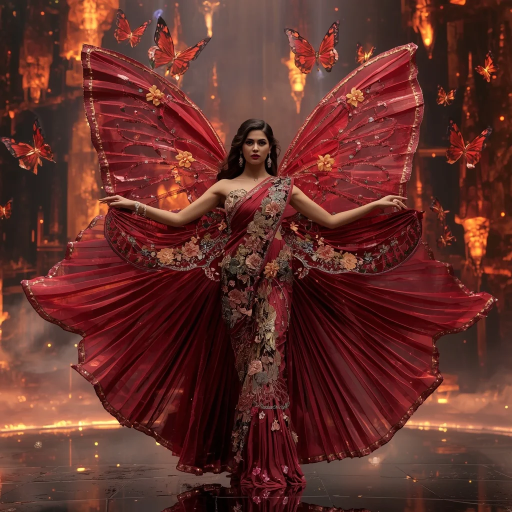 Crystal Volcano Butterfly Saree with Fire Bloom Megaverse Kingdom | Ai Image Prompt