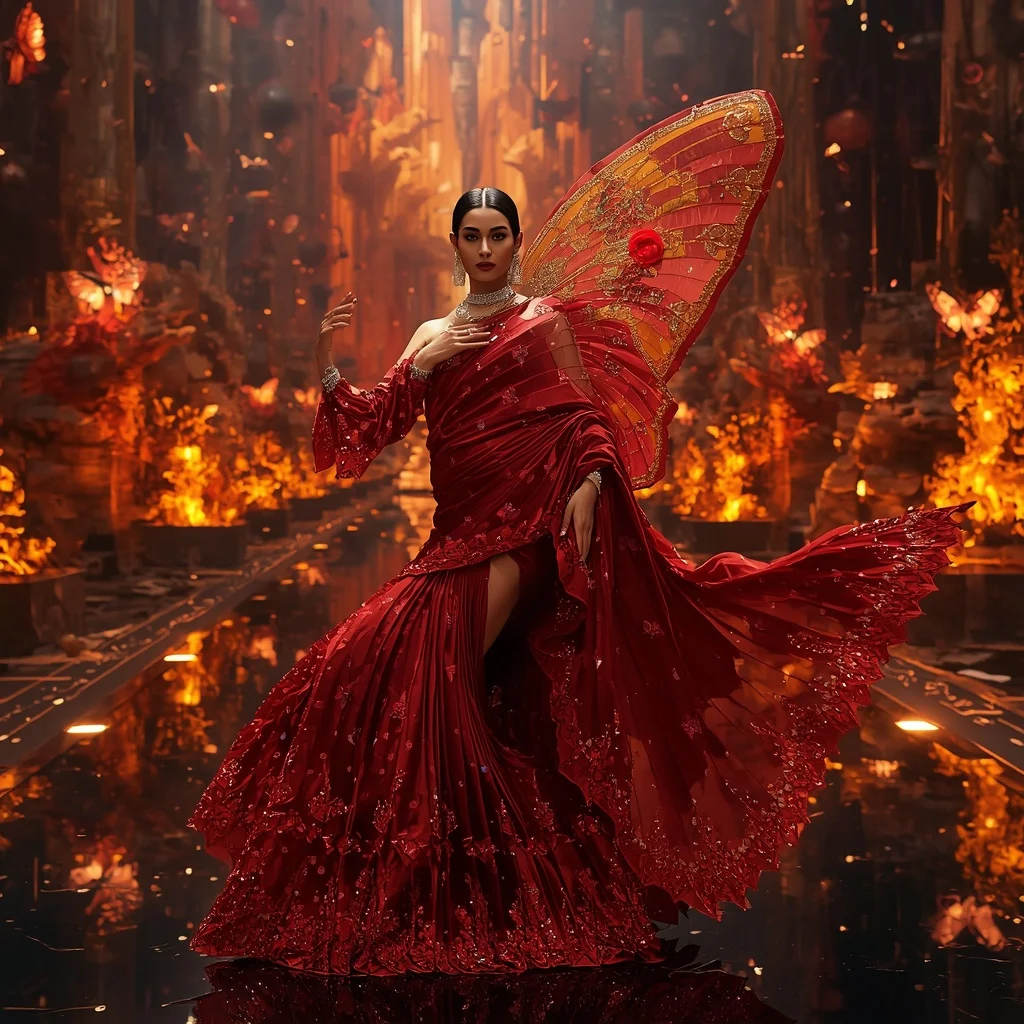 Crystal Volcano Butterfly Saree with Floating Fire Garden Realm | Best Ai Prompt 2026