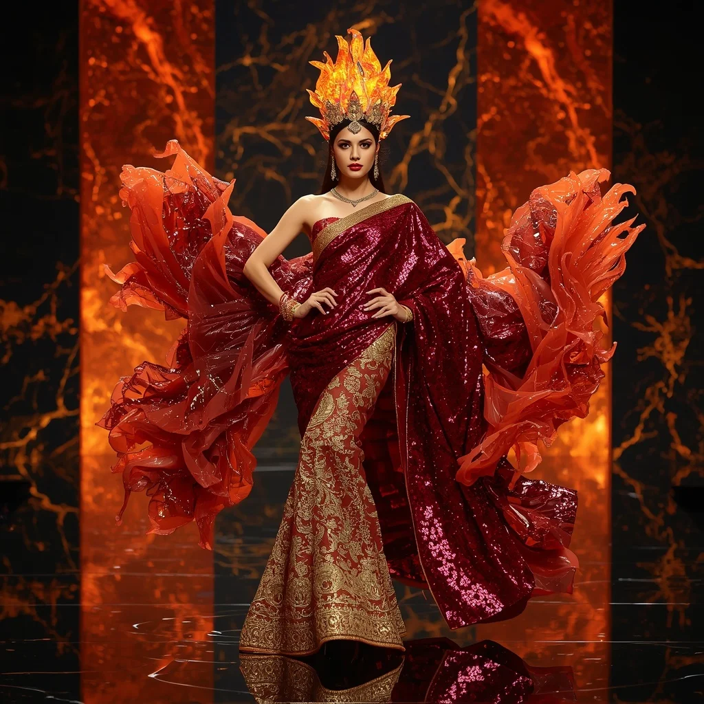 Crystal Volcano Flame Crown Saree with Lava Reflection Fortress | Snapchat Aesthetic Ai Prompt