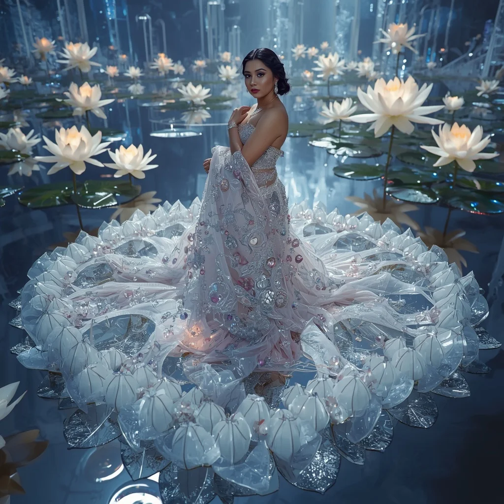 Crystal Water Lily Saree with Floating Mirror Lake Paradise | Gym Influencer Ai Prompt