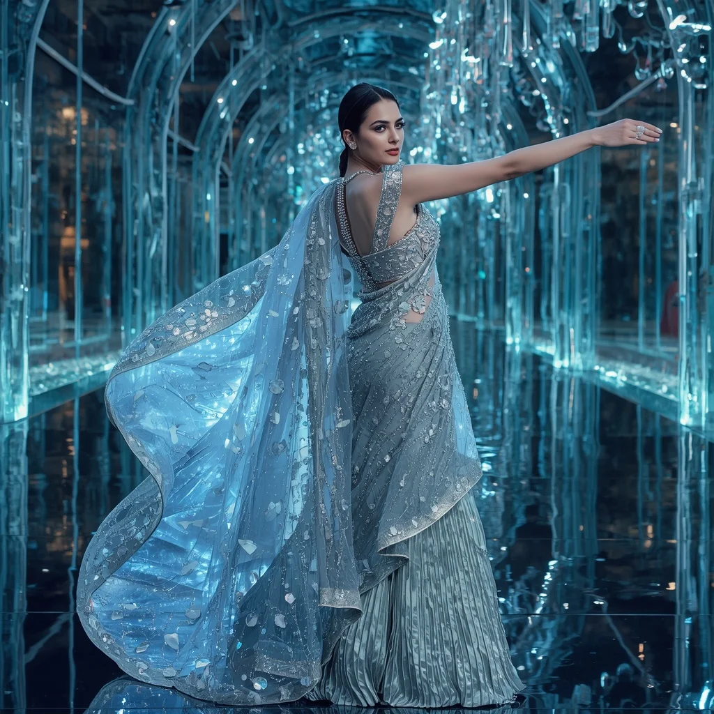 Crystal Water Tunnel Saree with Floating Aqua Light Universe | Ideogram Ai Prompt