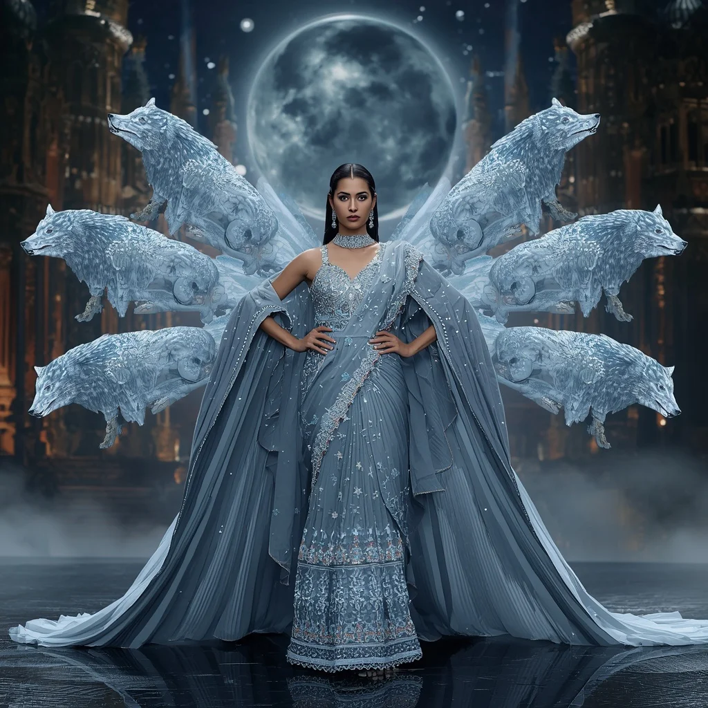 Crystal Wolf Moon Saree with Celestial Forest Fortress Kingdom | Gym Influencer Ai Prompt