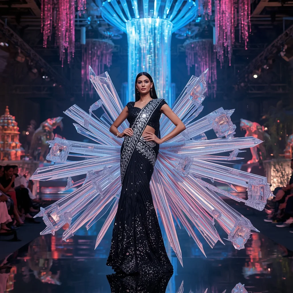 Crystal Zebra Prism Saree with Floating Neon Safari Universe | Prompt Seen Trending Girl 2026 Instagram