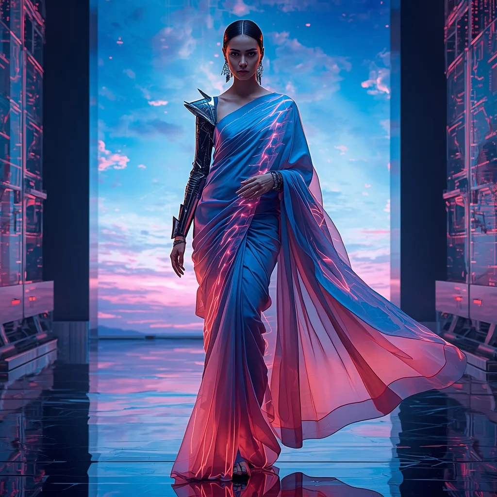 Cyber Aurora Blade Saree with Digital Sky Collapse | Gemini Ai Prompt