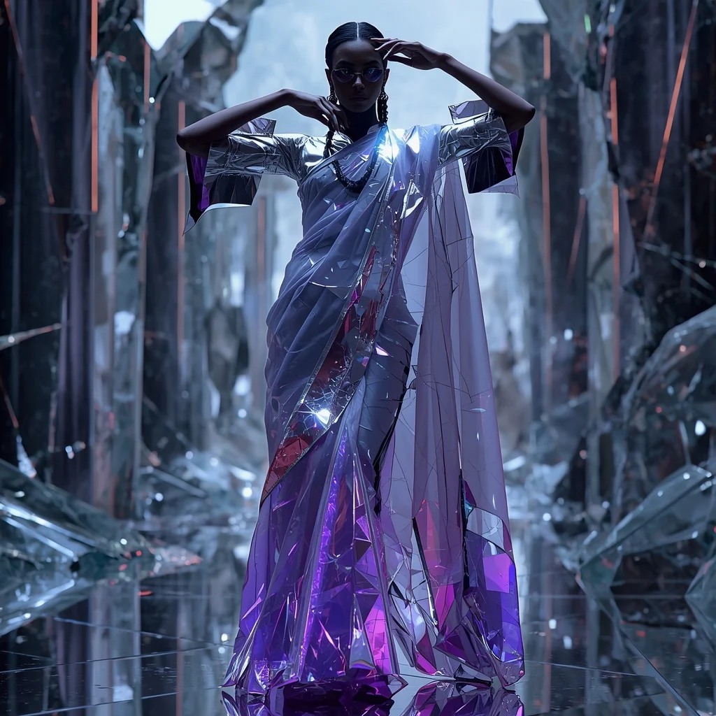 Cyber Glass Shard Saree with Fragmented Mirror Reality | Prompt Seen Girl Photo Editing Trending Instagram