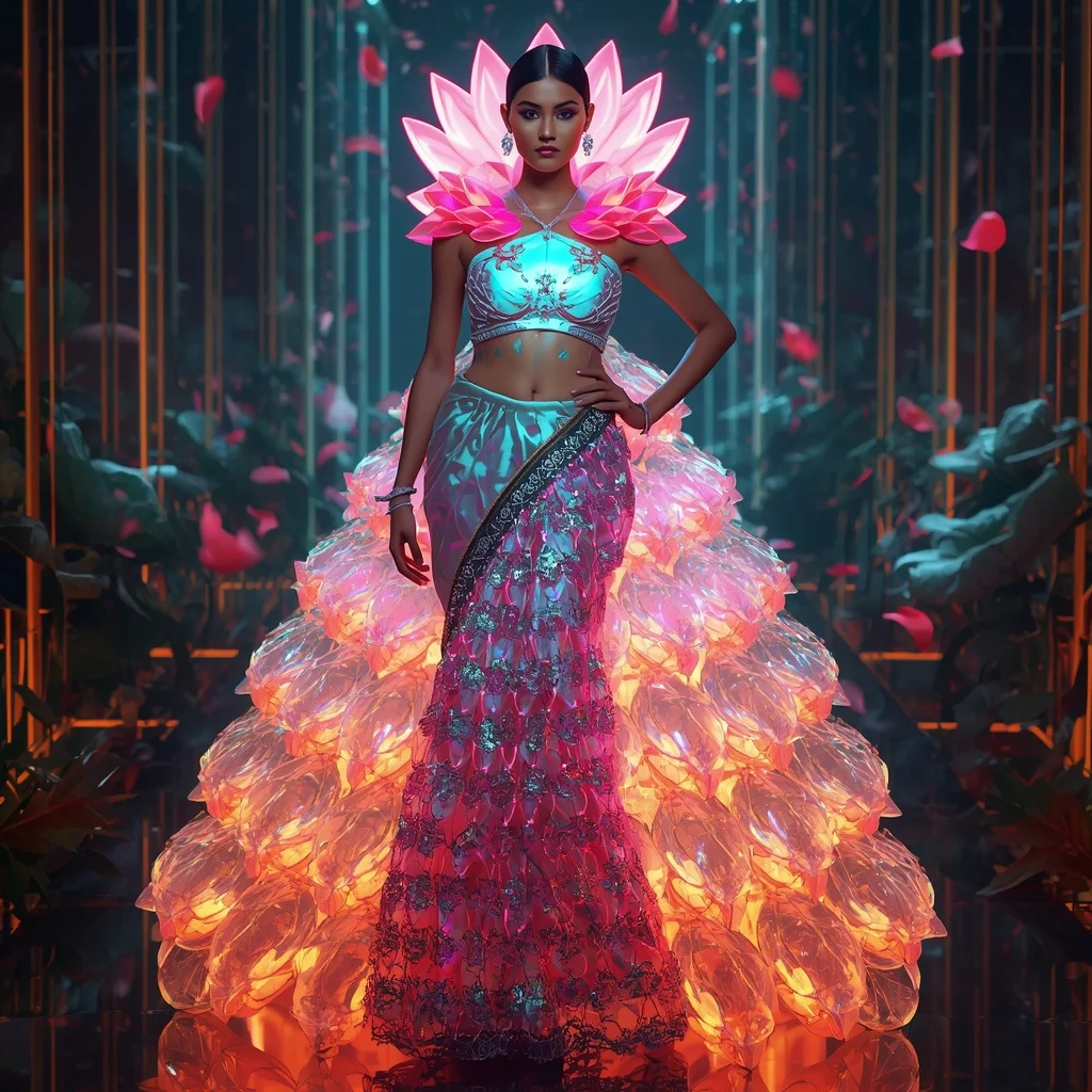 Cyber Lotus Neon Bloom Saree with Digital Petal Matrix | Instagram Story Ai Prompt
