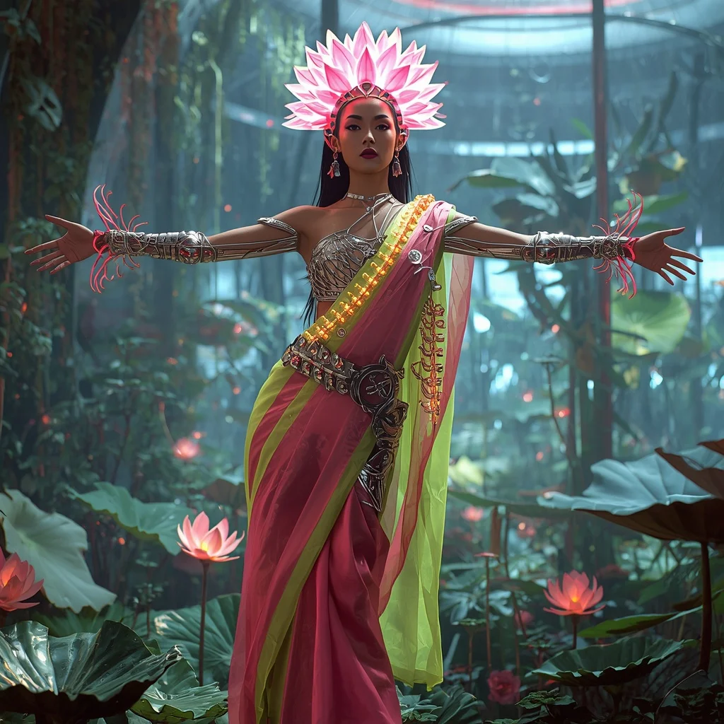 Cyber Lotus Spine Saree with Neon Biome Dome | New Instagram Trend Prompt For Girl And Boy
