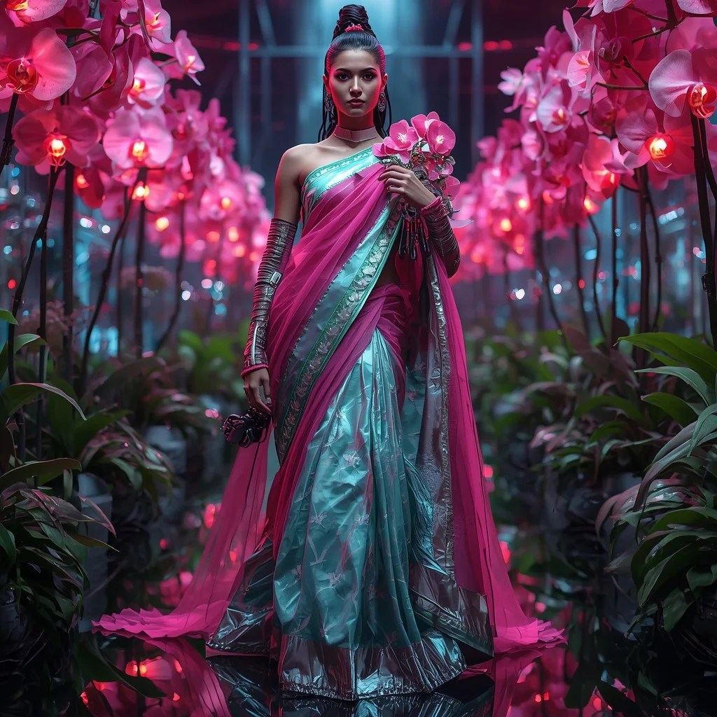 Cyber Orchid Reactor Saree with Bio-Laser Garden Chamber | Instagram Viral Photo Ai Prompt
