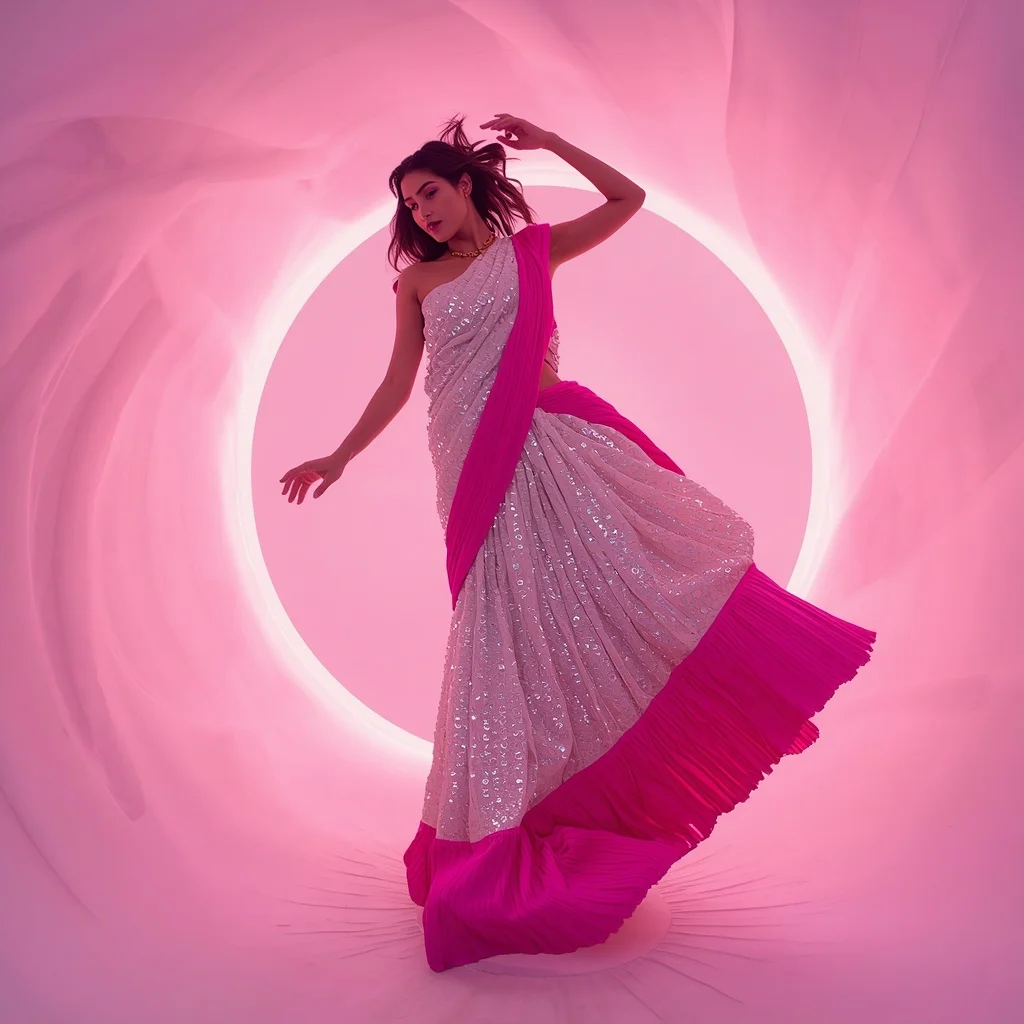 Cyber-Pearl and Electric Magenta Plissé Saree with Floating Light Pod | Ai Photo Editing Prompt