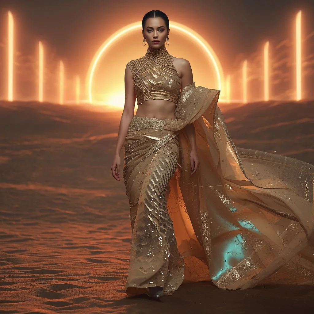 Cyber Sandstorm Armor Saree with Neon Desert Winds | Prompt Seen Trending Girl 2026 Chatgpt