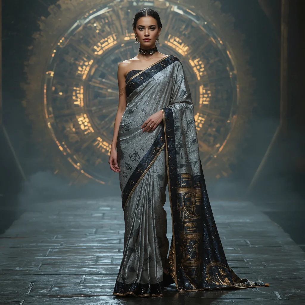 Cyber Silk Fossil Void Saree with Digital Ruin Galaxy Core | Trending Prompts For Instagram For Girl