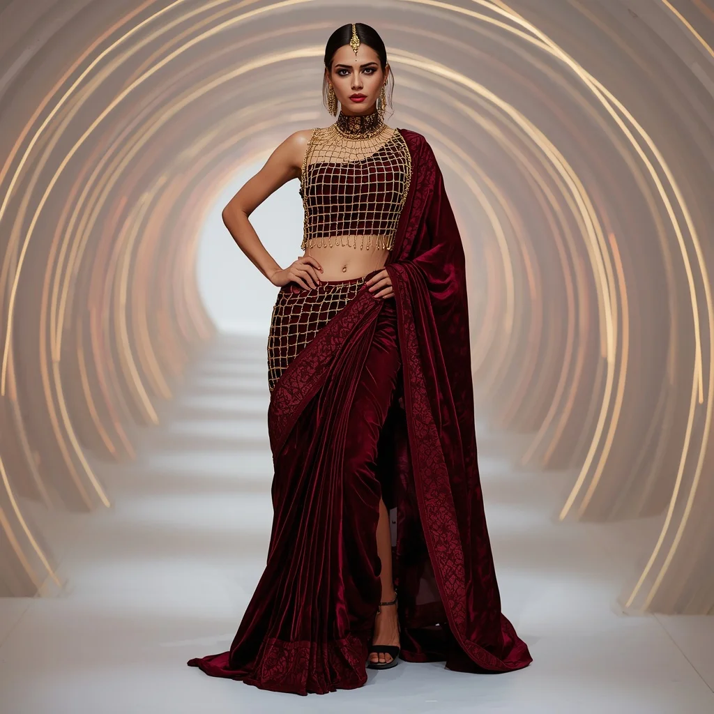Deep Burgundy Velvet and Gold Cage Saree in Laser Tunnel | Trending Prompt Girls Traditional