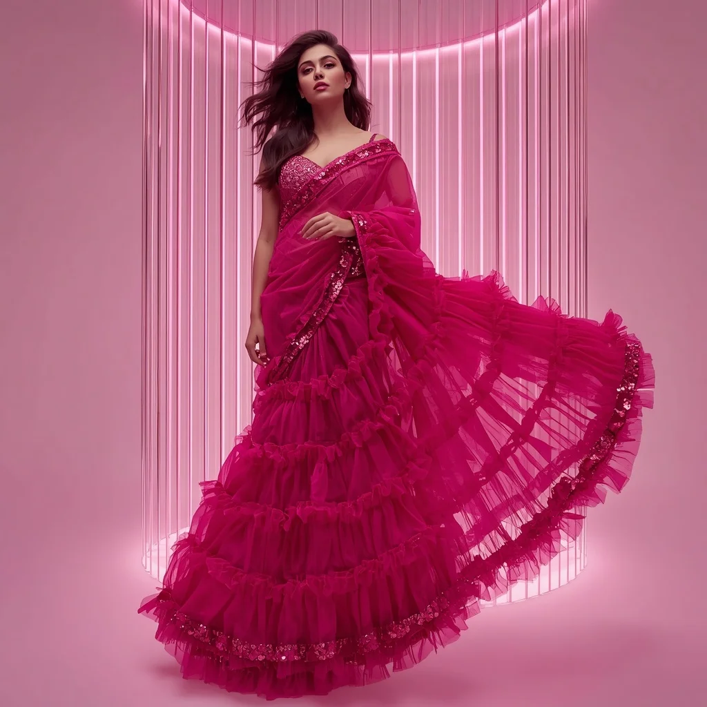 Deep Fuchsia Organza and Liquid Titanium Saree with Infinite Prism Cylinder | Prompt For Gemini AI Girl Style Trending Instagram