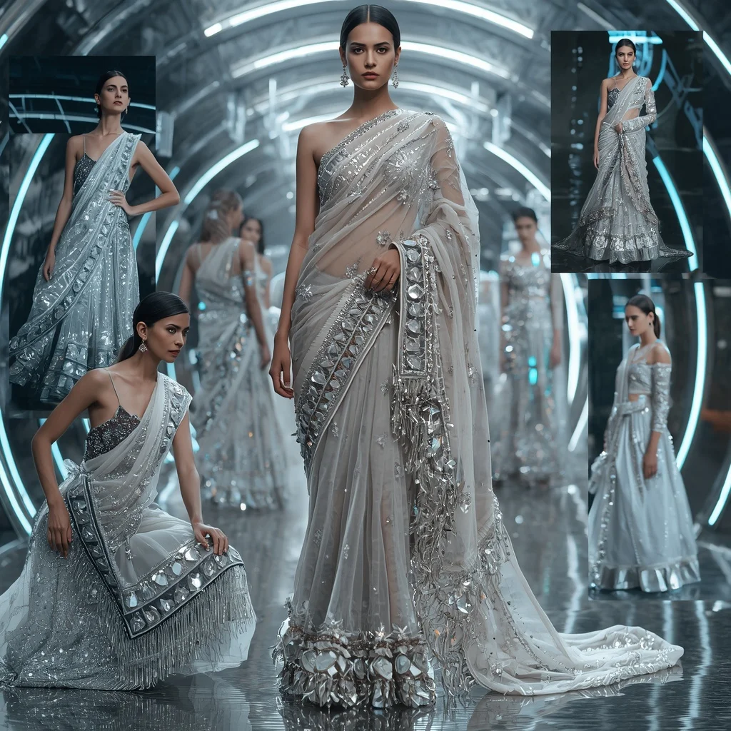 Diamond Aurora Empress Saree with Floating Crystal Nexus Corridor | Prompt Image