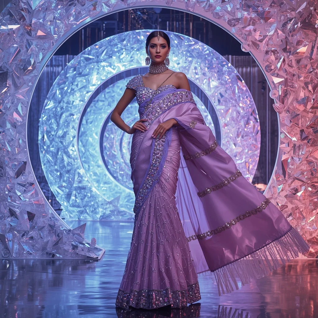 Diamond Aurora Inferno Saree with Holographic Spiral Crystal Citadel | Leonardo Ai Image Prompt