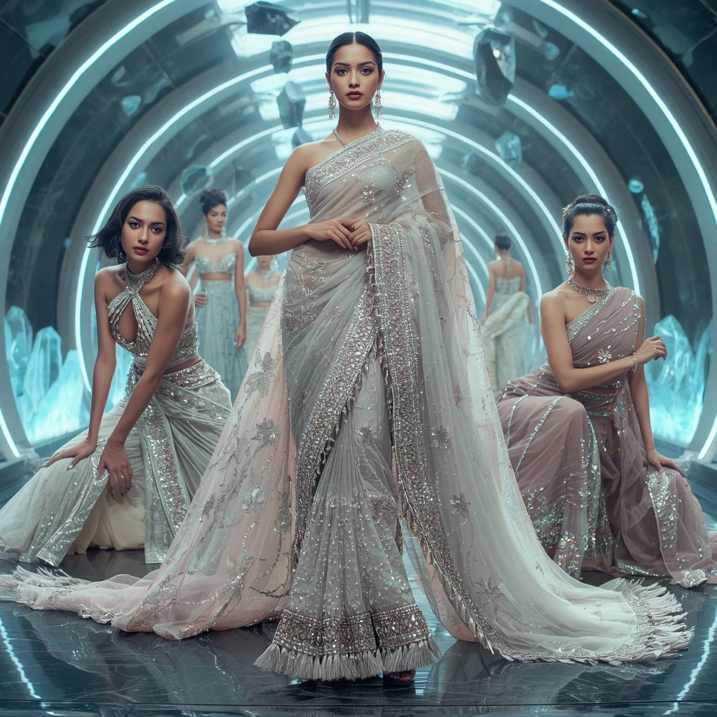 Diamond Aurora Majesty Saree with Floating Crystal Infinity Sanctuaries | Prompt Seen Girls AI Photo Editing