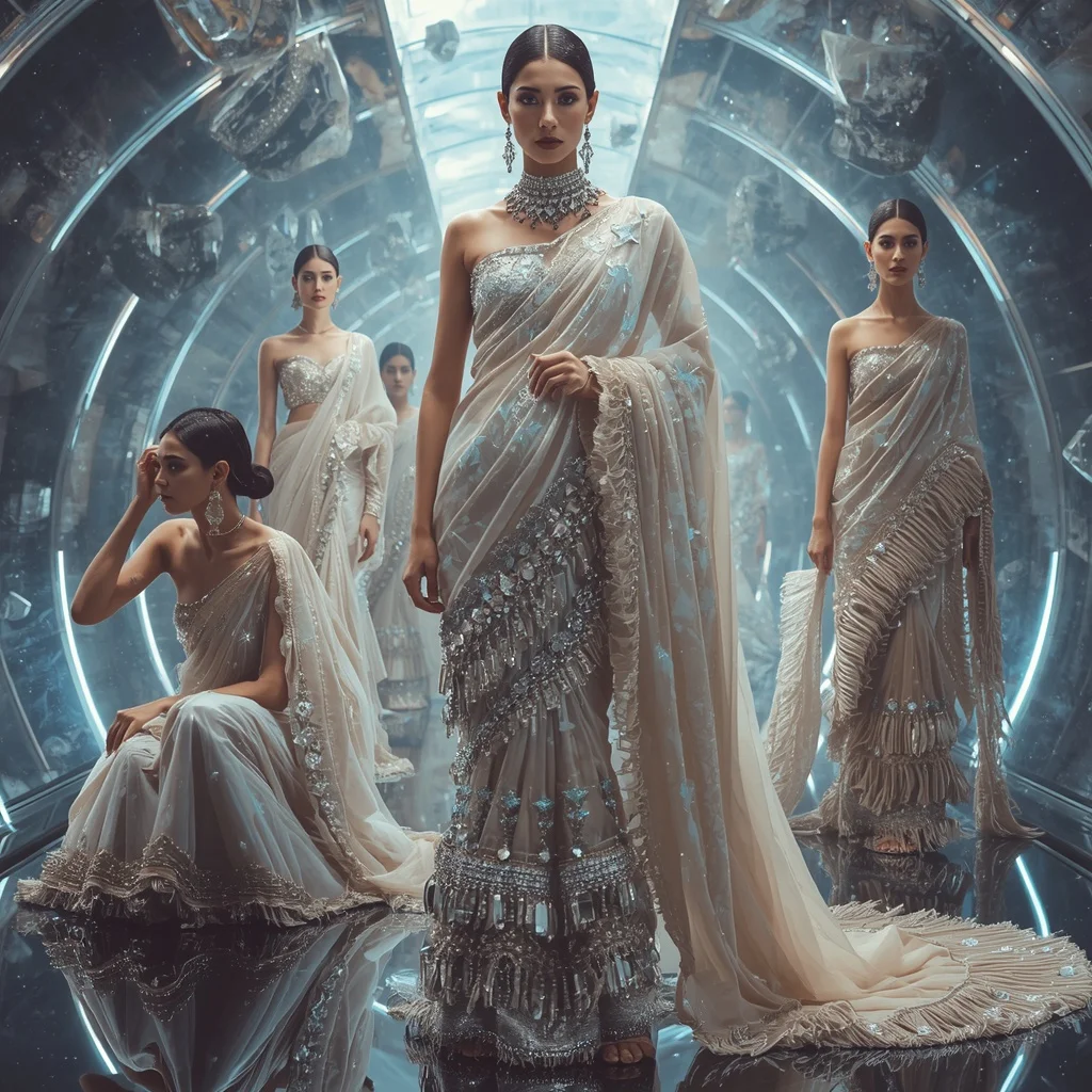 Diamond Aurora Royale Saree with Floating Crystal Galaxy Corridor | Image To Prompt