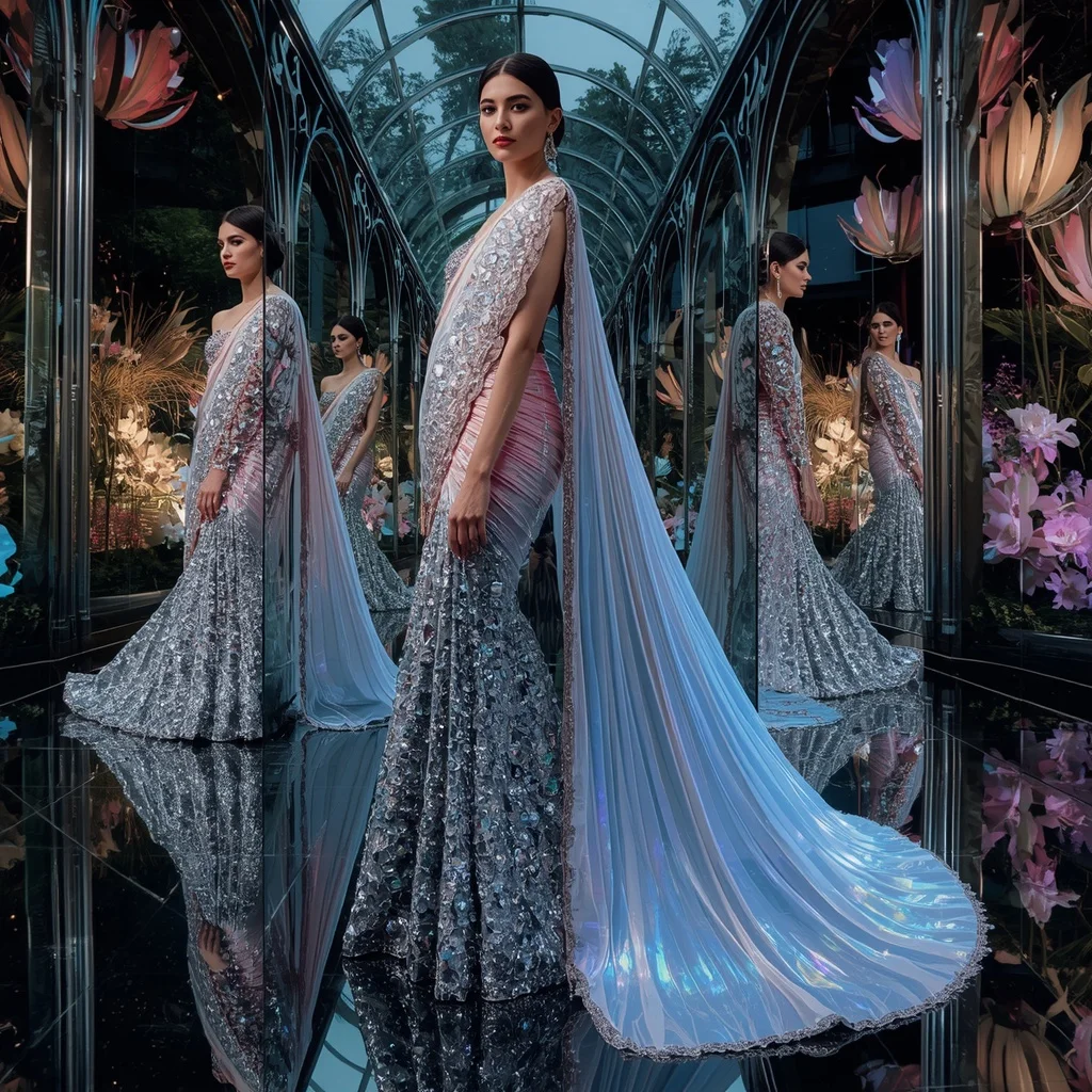 Diamond Aurora Saree with Futuristic Mirror Garden | Gemini Ai Photo