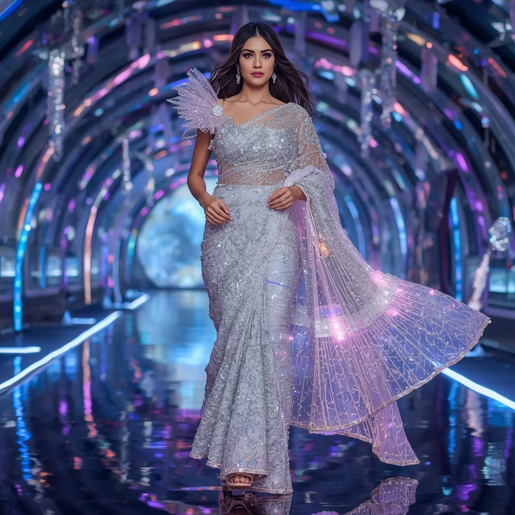 Diamond Aurora Wave Saree with Floating Crystal Tunnels and Infinity Light Harbor | Editing Prompt Girl