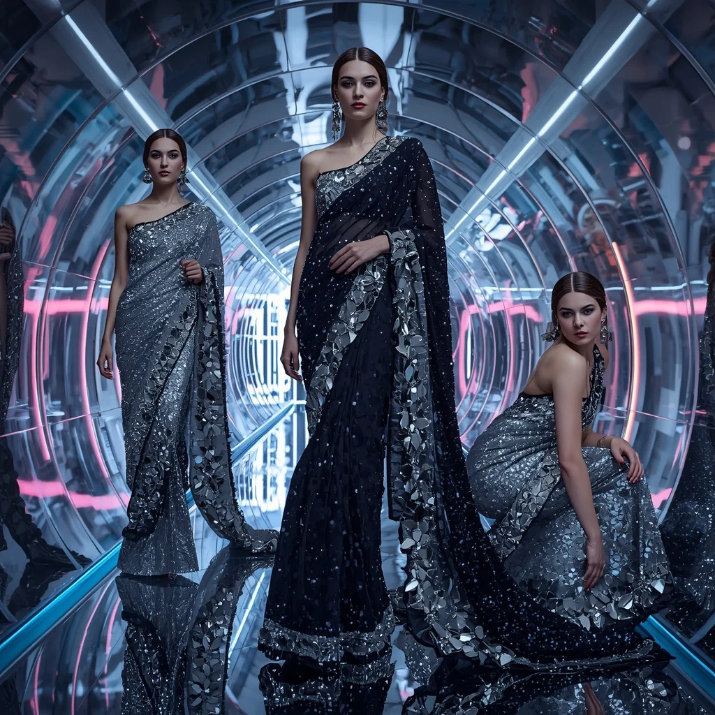 Diamond Eclipse Saree with Triple Motion Poses and Reflective Light Corridor | Gemini Saree Ai Photo Prompt