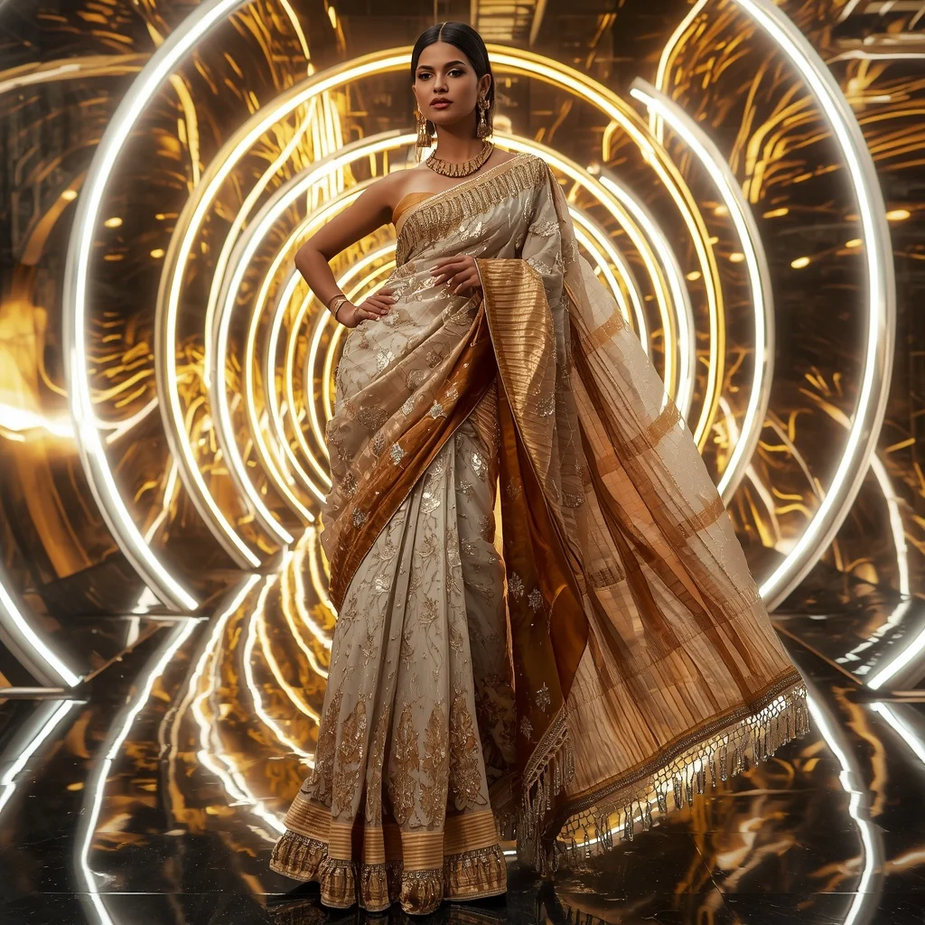 Diamond Flame Eclipse Saree with Curved Neon Solar Infinity Palace | Fitness Model Ai Prompt