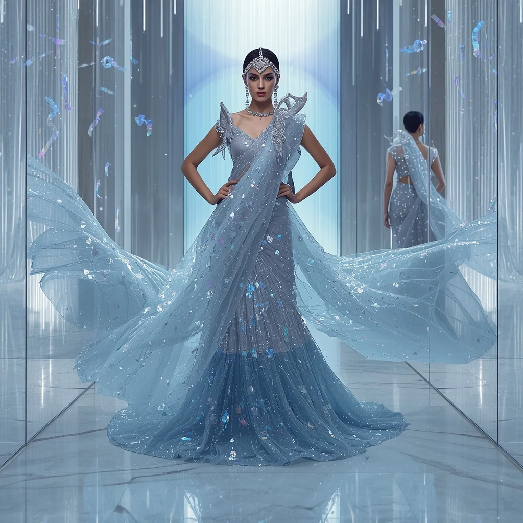 Diamond Frost Mirage Saree with Infinite Aurora Chamber | Gemini Photo Editing Prompt