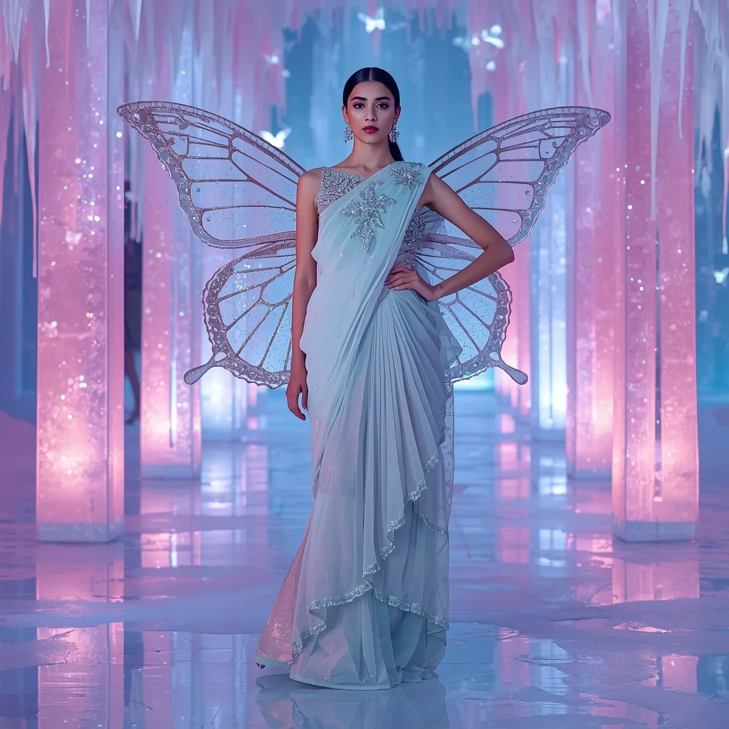Diamond Ice Butterfly Queen Saree with Frozen Aurora Fortress Background | Realistic Ai Prompt
