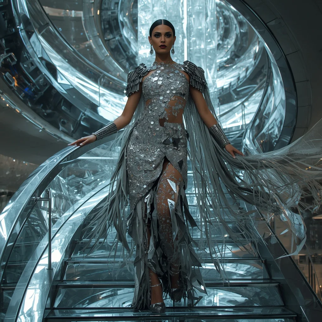 Diamond Meteor Fracture Armor Saree with Floating Crystal Spiral Infinity Collapse Stair Nexus Temple | Korean Ai Prompt