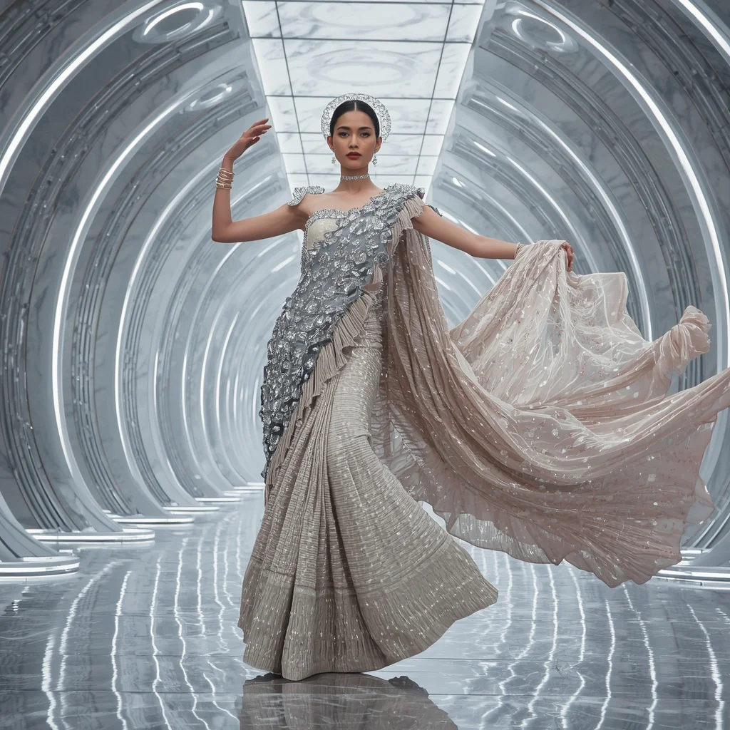 Diamond Seraphina Cascade Saree with Celestial Ribbon Citadel | Hyperrealistic Woman Portrait Prompt