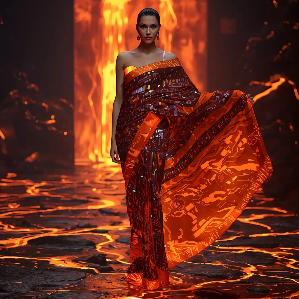 Digital Lava Flow Saree with Molten Data Streams | Girls Trending Prompt Gemini Instagram
