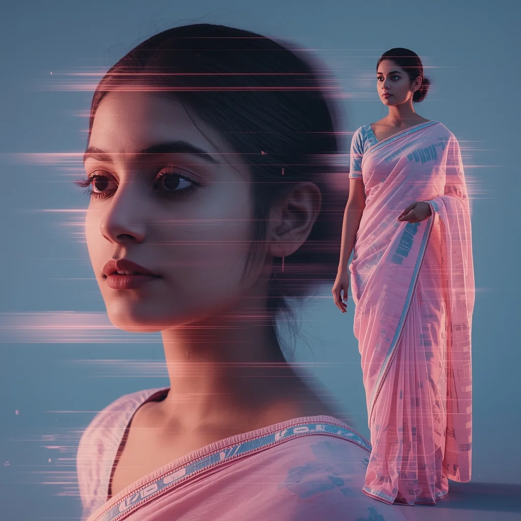 Digital Wave Distortion Saree Prompt with Glitch Flow Layers and Cinematic Energy Design | New Prompt