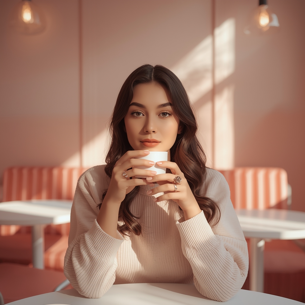 Dreamy Pastel Café Influencer Portrait with Soft Light and Minimal Decor | Prompt Gemini Ai