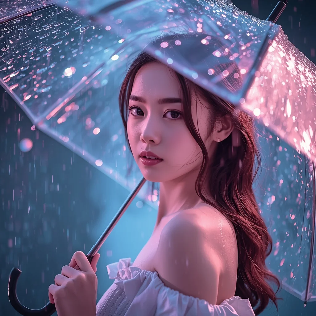 Dreamy Pastel Rain Portrait with Umbrella and Soft Glow | Fashion Ai Prompt