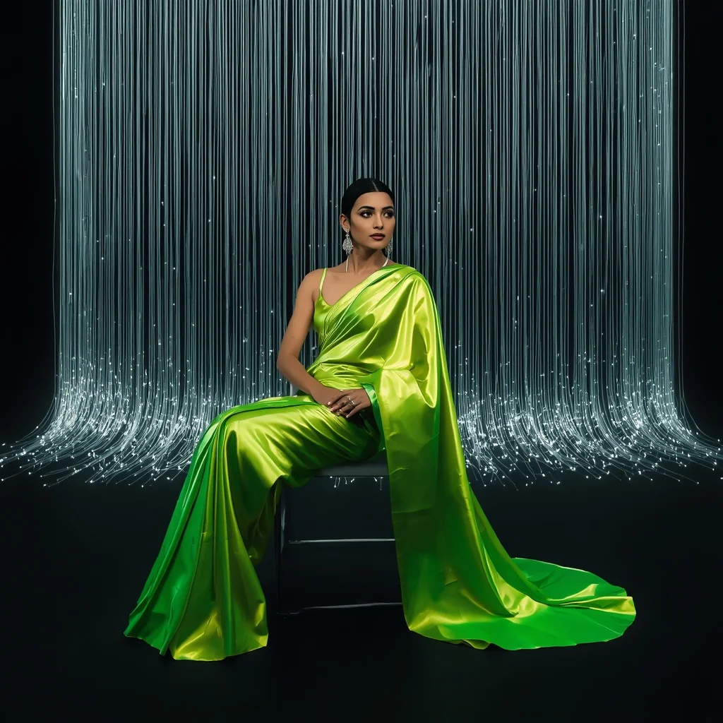 Electric Lime Metallic Saree – Invisible Chair Pose with Sweeping Fiber Optics | Prompt Chatgpt