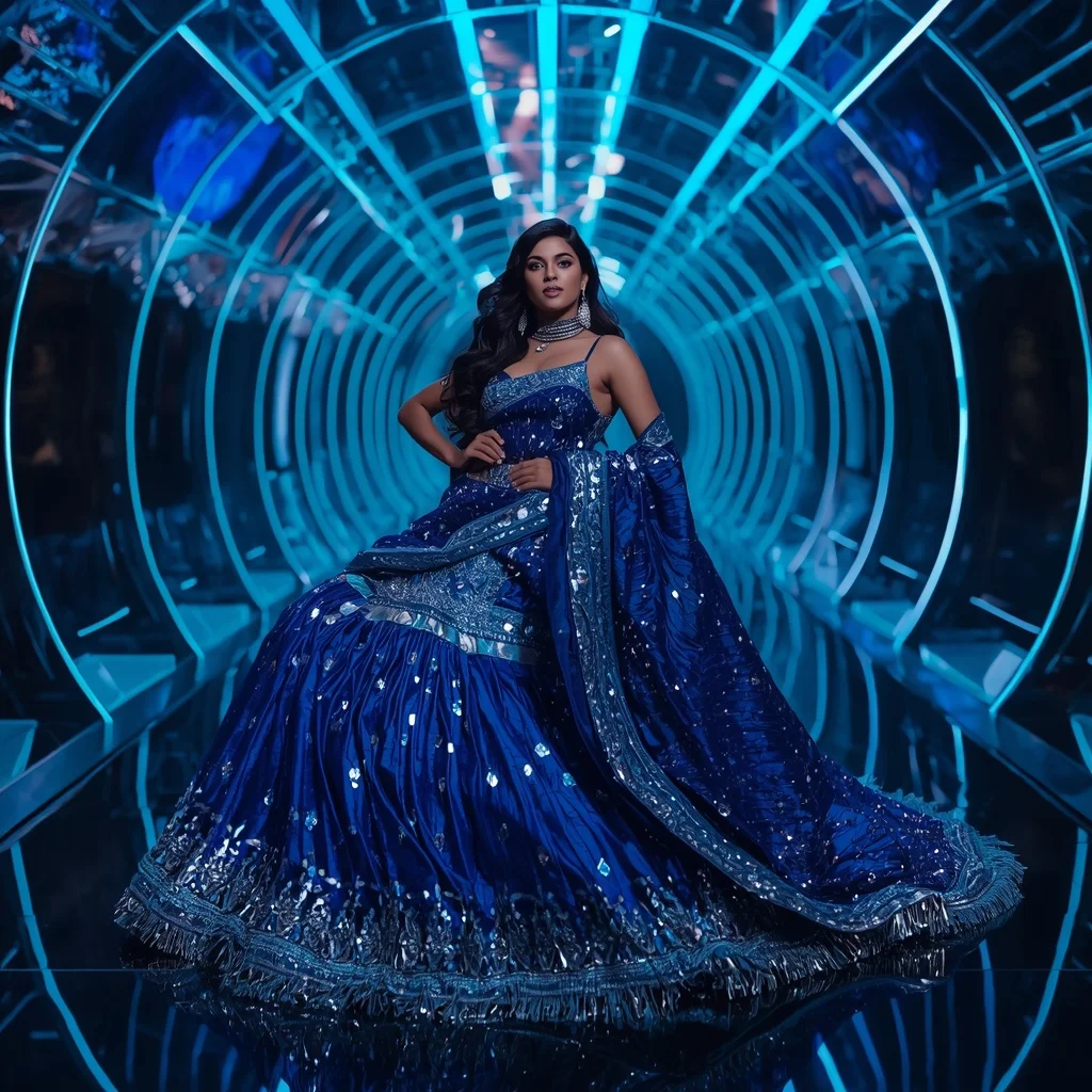 Electric Sapphire Infinity Saree with Curved Laser Galaxy Hallways | Easy Ai Prompt