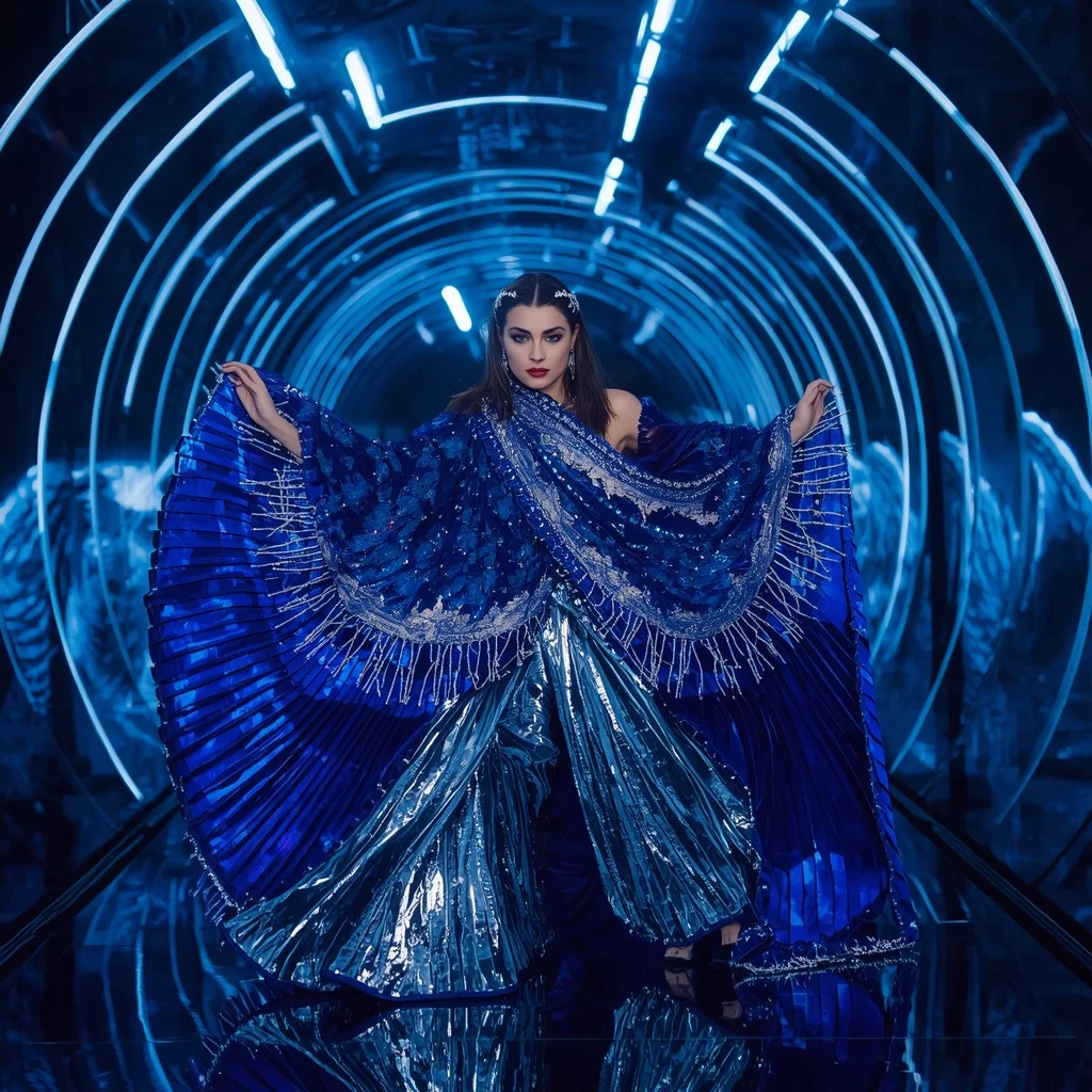 Electric Sapphire Infinity Saree with Curved Laser Galaxy Universes | Ai Image Prompt