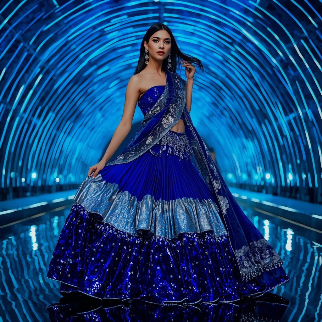 Electric Sapphire Quantum Saree with Curved Laser Infinity Skyline Dome | Instagram Highlight Cover Ai Prompt