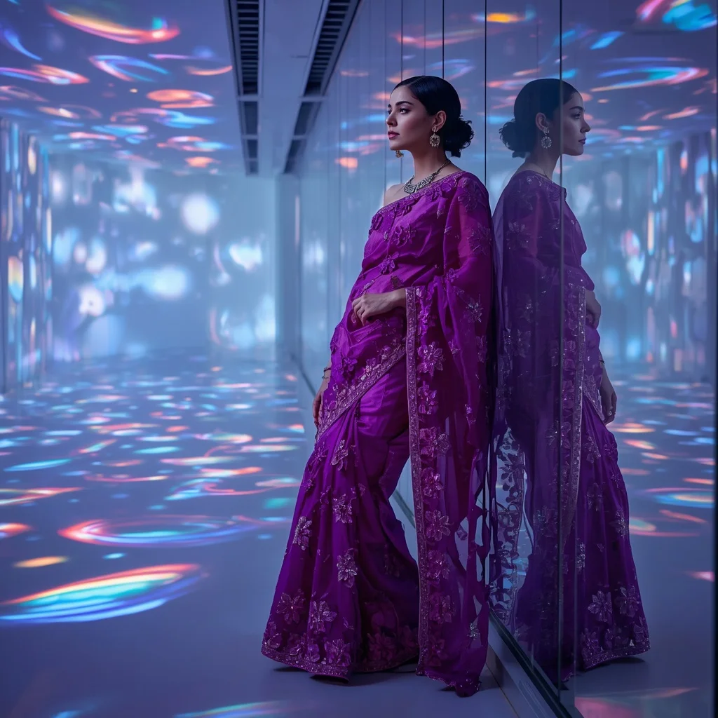 Electric Violet Laser-Cut Applique Saree for Futuristic Festive Look | Aesthetic Ai Prompt