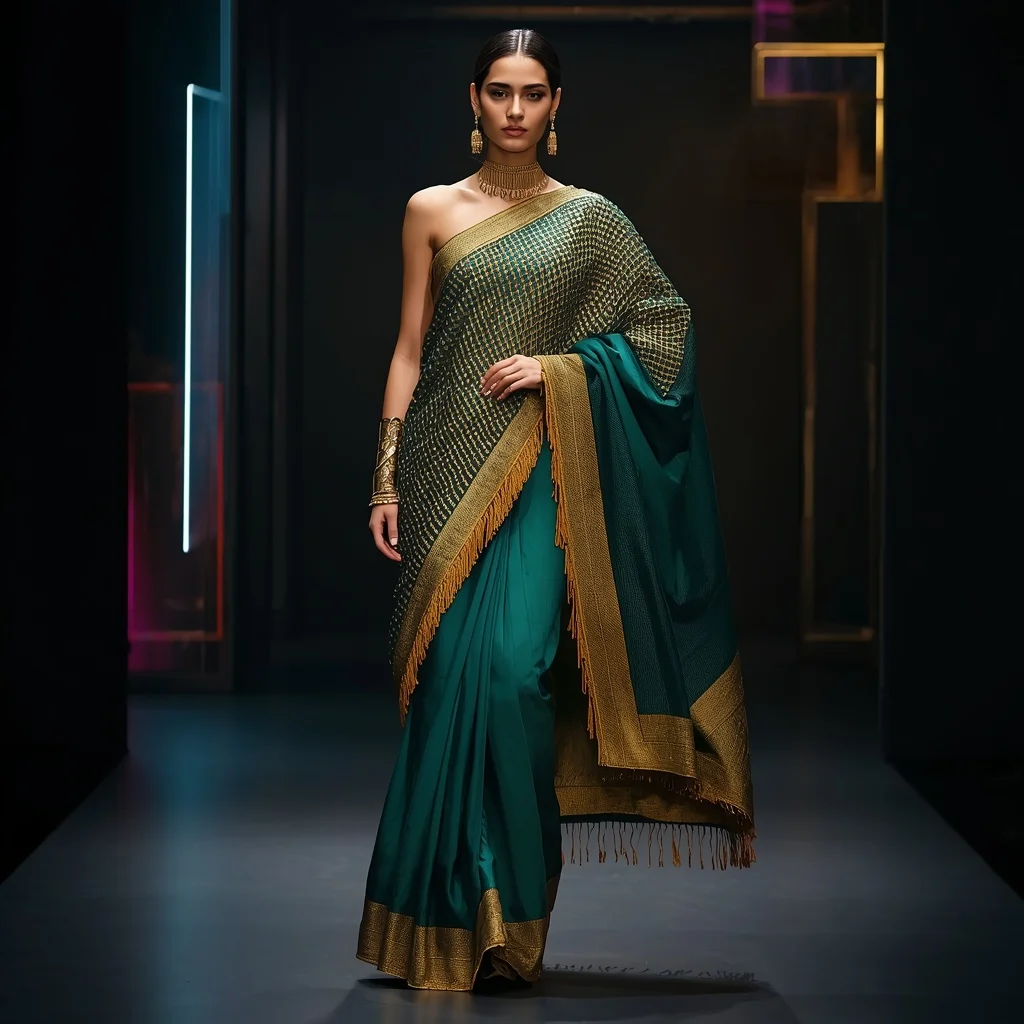 Emerald and Deep Teal Sculptural Saree with Gold Mesh Armor | Gemini Photo Editing Prompt