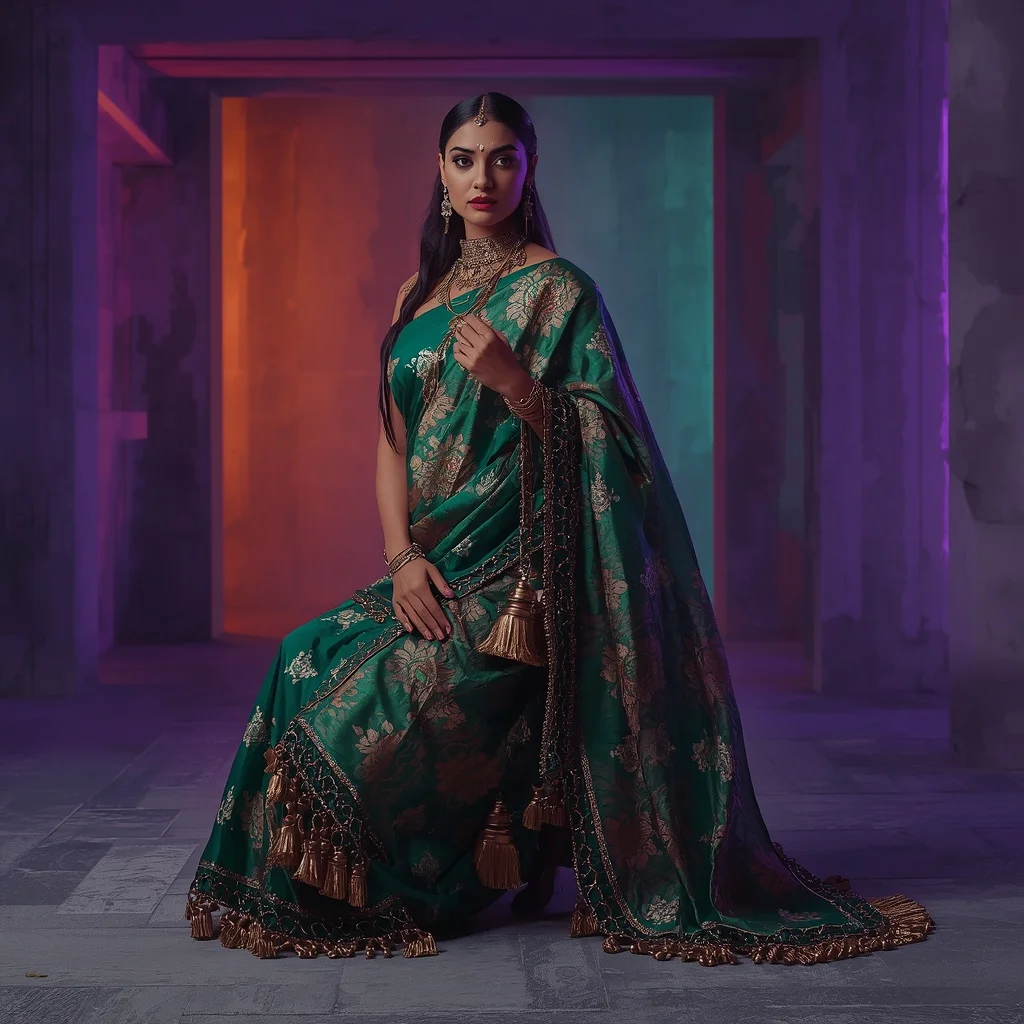 Emerald and Oxidized Copper Foil-Print Heavy Drape Saree | Instagram Reel Ai Prompt