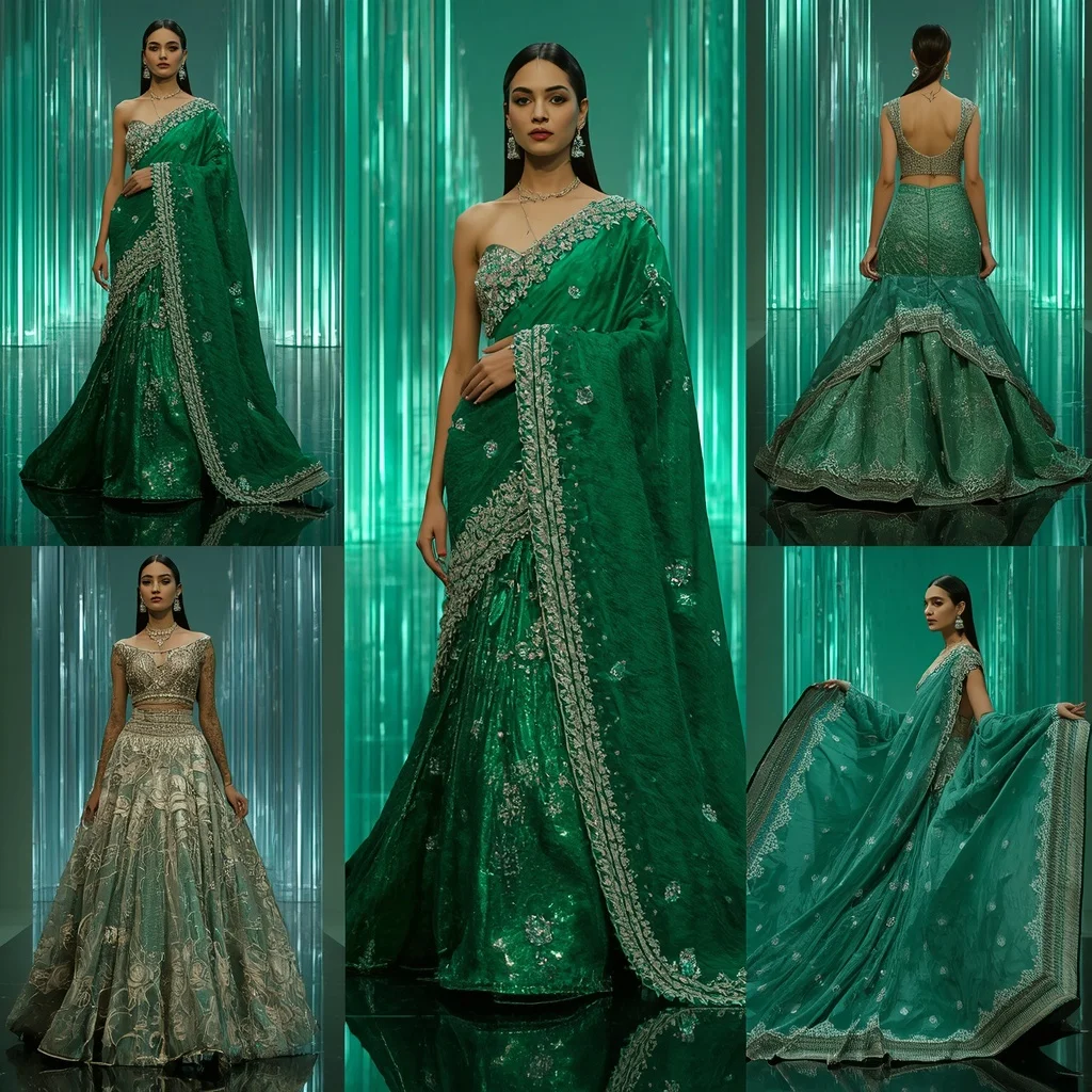 Emerald Aurora Dynasty Saree with Infinite Prism Cathedrals | Gym Influencer Ai Prompt