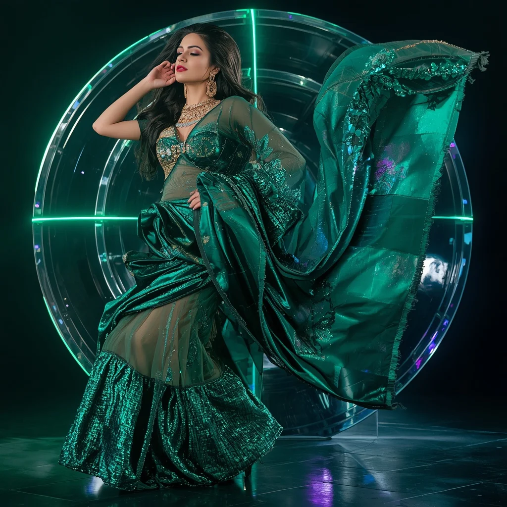 Emerald Aurora Galaxy Saree with Crystal Infinity Reflection Dome | Ai Prompt For Social Media