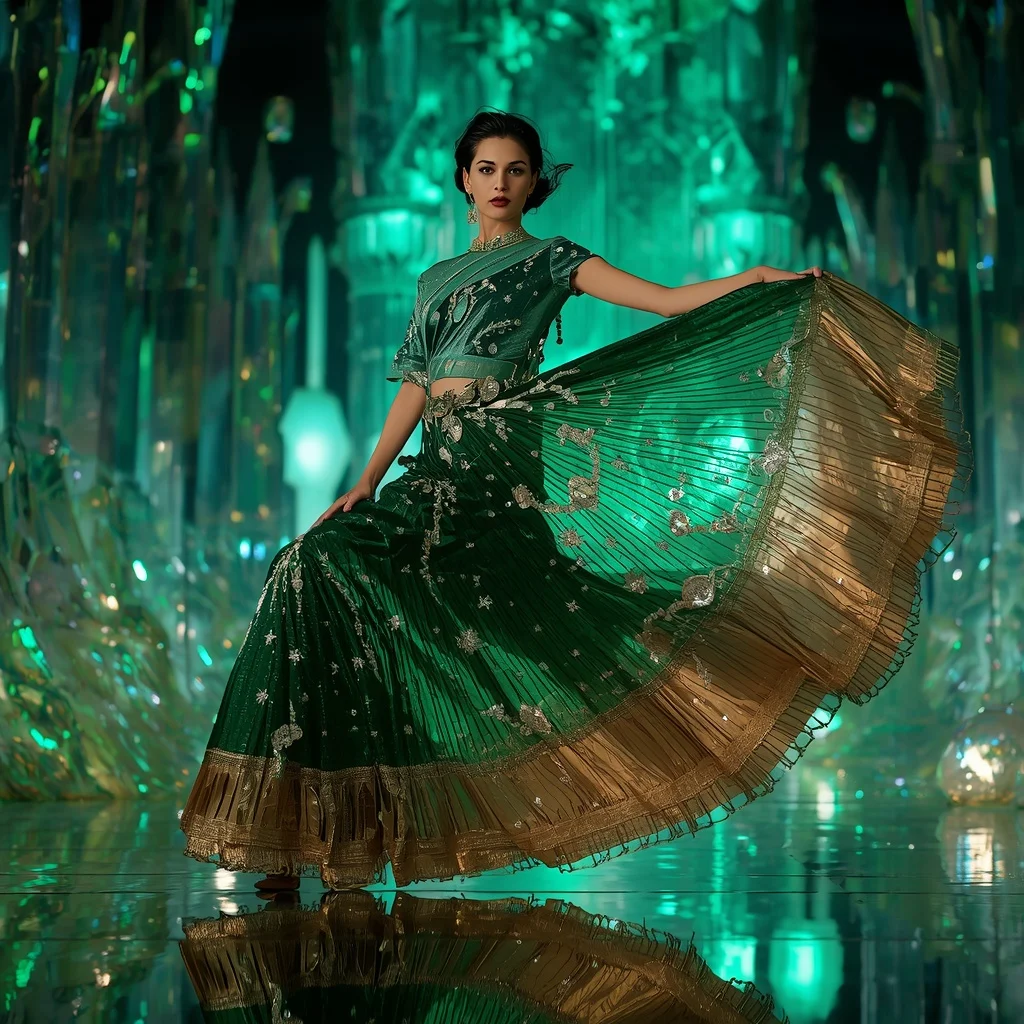 Emerald Aurora Inferno Saree with Floating Crystal Cathedral | ChatGPT Photo Editing Prompts Trending Instagram For Girl
