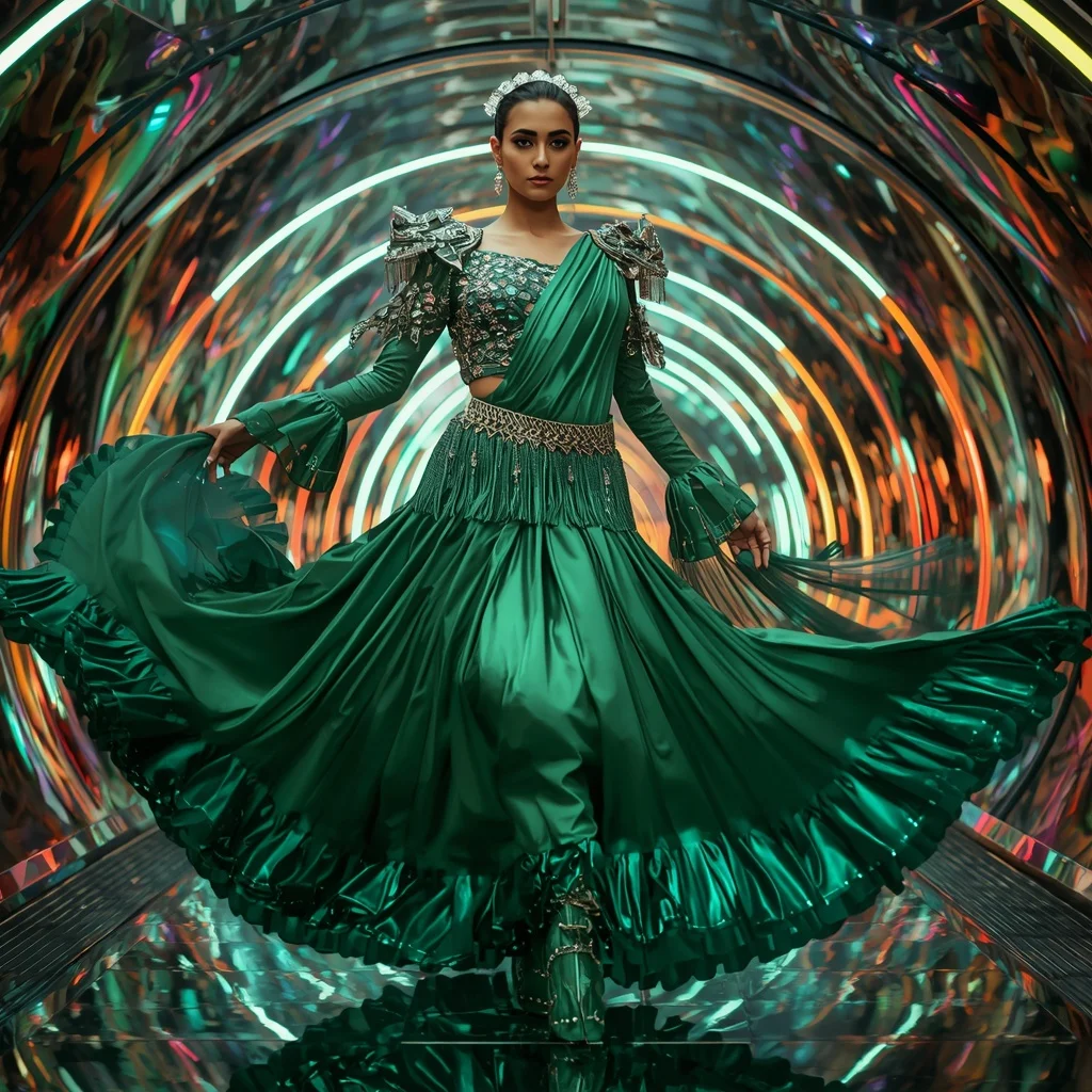 Emerald Aurora Queen Saree with Quantum Reflection Crystal Corridor | Secret Ai Prompt