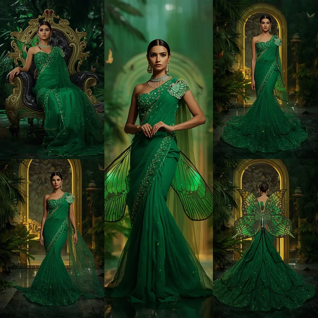 Emerald Butterfly Empress Saree with Multiple Regal Poses and Jungle Palace Background | Trending Ai Prompt