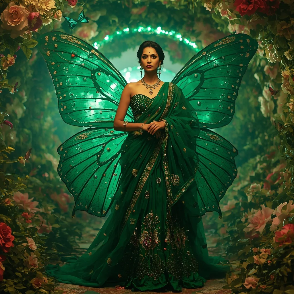 Emerald Butterfly Garden Empire Saree with Luxury Floral Universe Background | Instagram Photography Ai Prompt