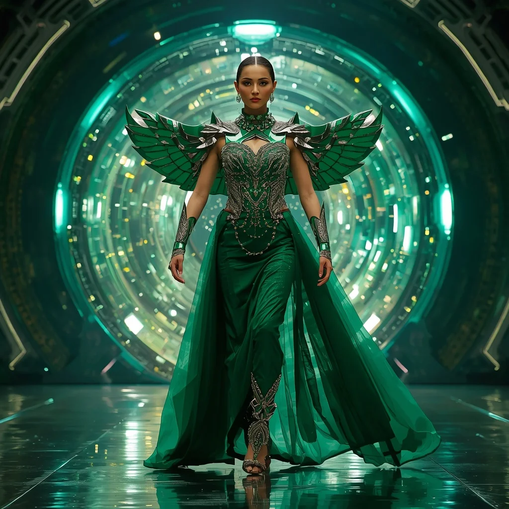Emerald Cosmic Blade Apex Infinity Armor Saree with Floating Prism Collapse Reactor Dome Nexus Singularity Core System Field Engine | Ai Video Generator Prompt