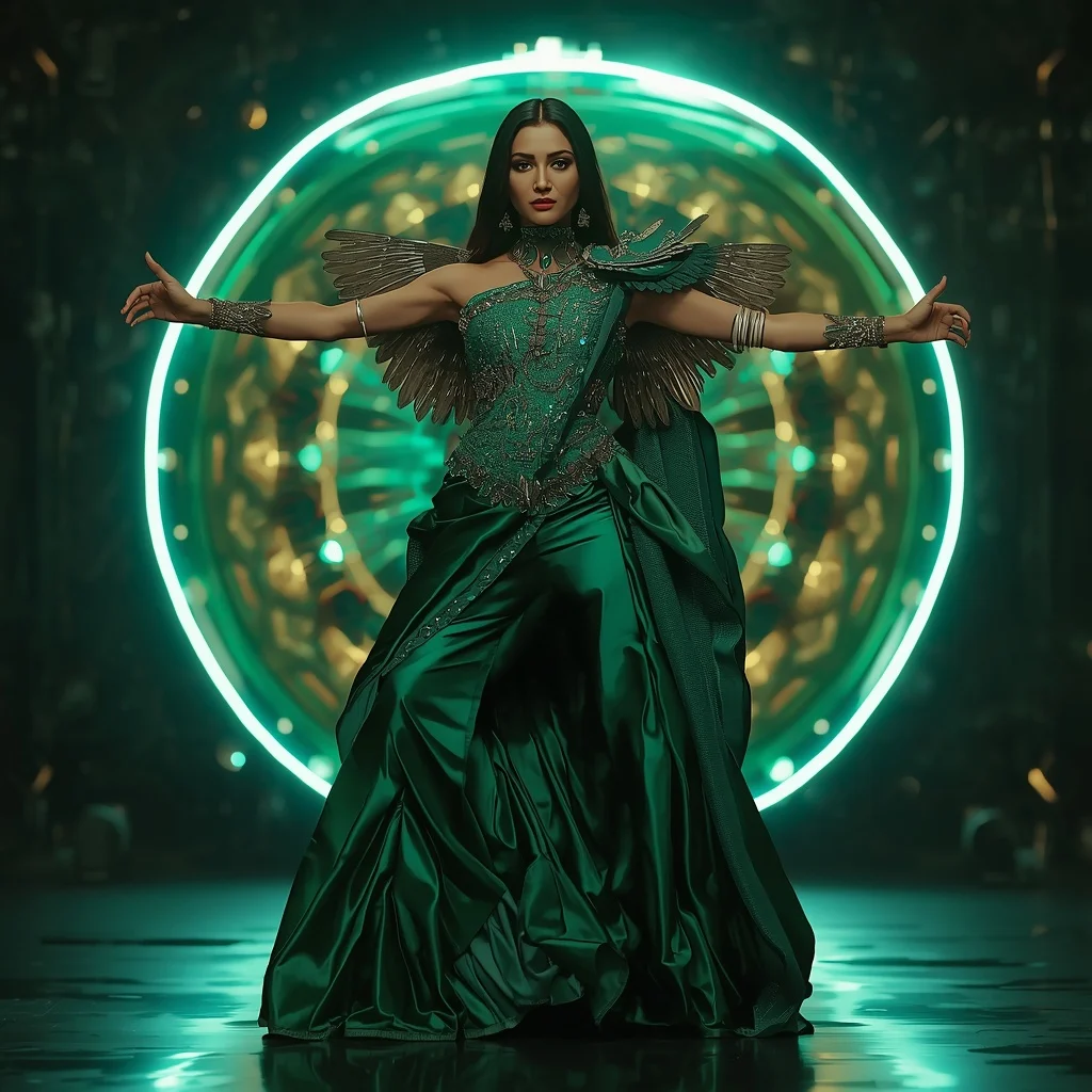 Emerald Cosmic Blade Apex Quantum Armor Saree with Floating Prism Collapse Reactor Dome Nexus Singularity Core | Profile Picture Ai Prompt