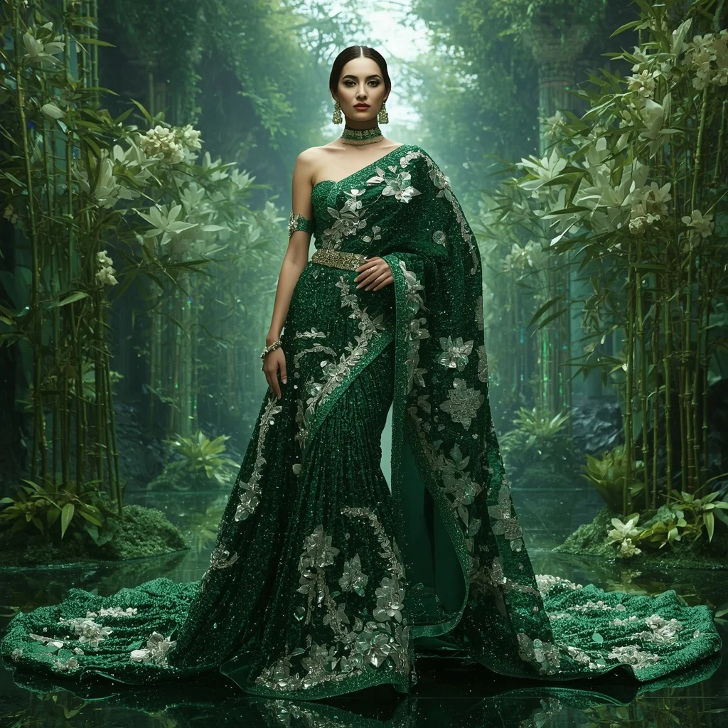 Emerald Crystal Bamboo Saree with Prism Forest Corridors and Royal Nature Citadel | Female Model Ai Prompt