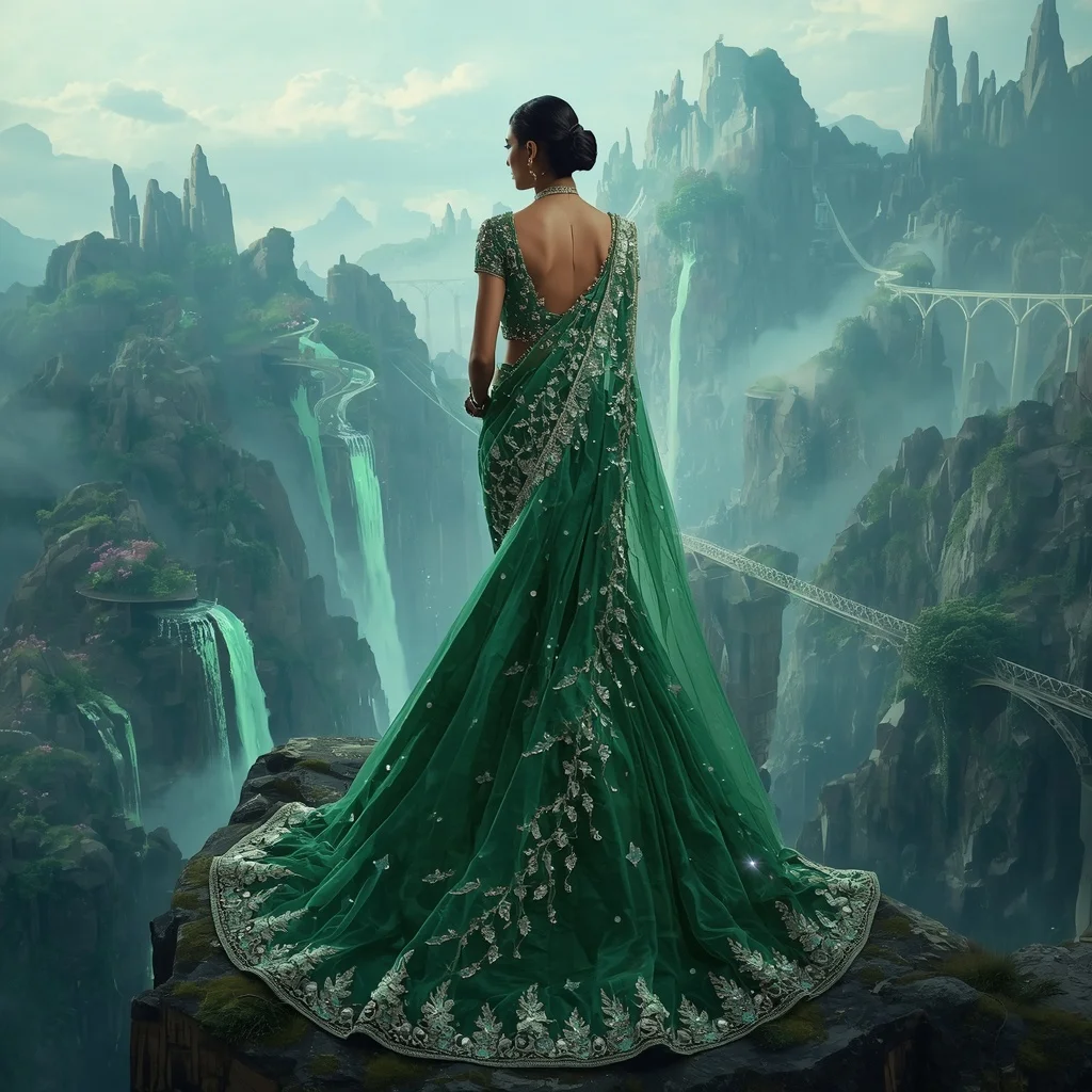 Emerald Crystal Bridge Saree with Floating Valley Kingdom | Viral Ai Image Prompt